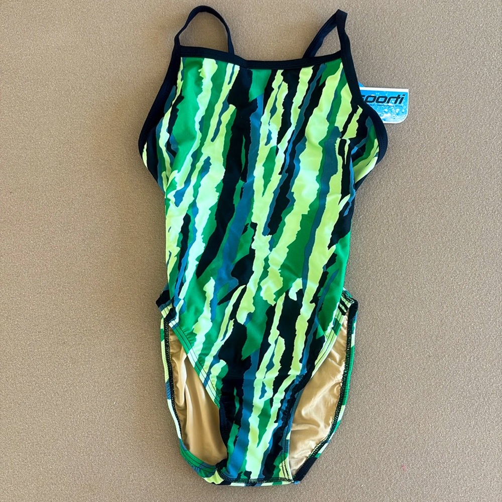 Sporti Racing Competition One Piece Swimsuit Swim Suit Womens 28 Green Black